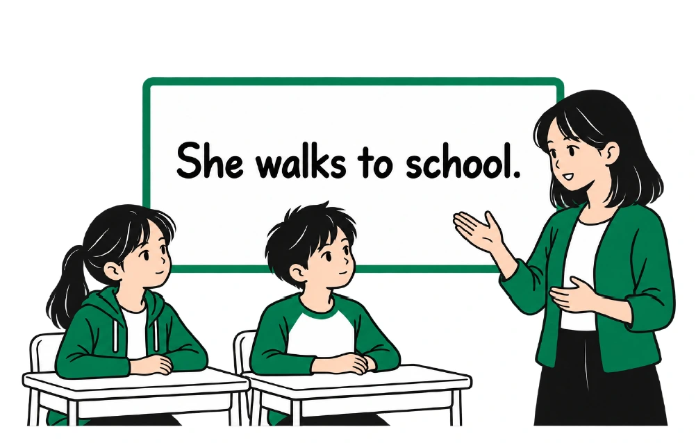 초록색 옷을 입은 선생님과 두 학생이 함께 영어를 배우는 따뜻한 교실 일러스트